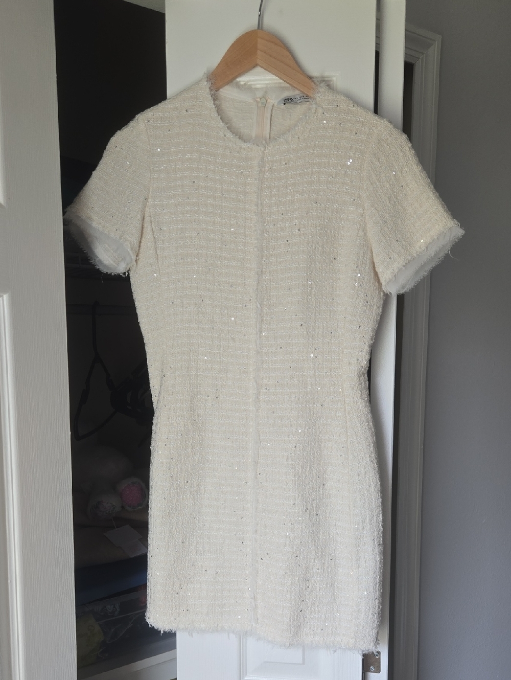 Zara Cream Tweed Short-Sleeve Mini Dress